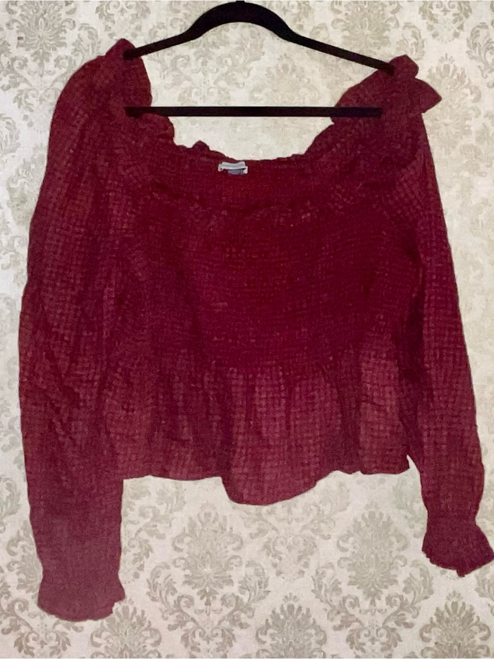 American Eagle Outfitters Red & Black Long-Sleeve Smocked Blouse XL